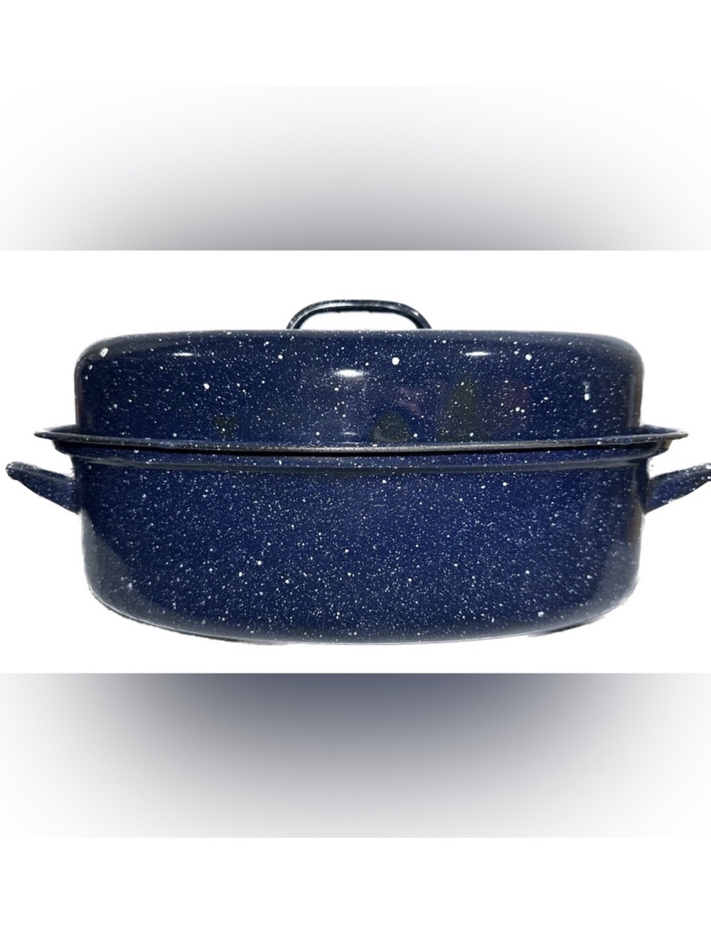 Vintage Granite/Enamelware 12” Dark Blue Speckled Roaster With Lid
